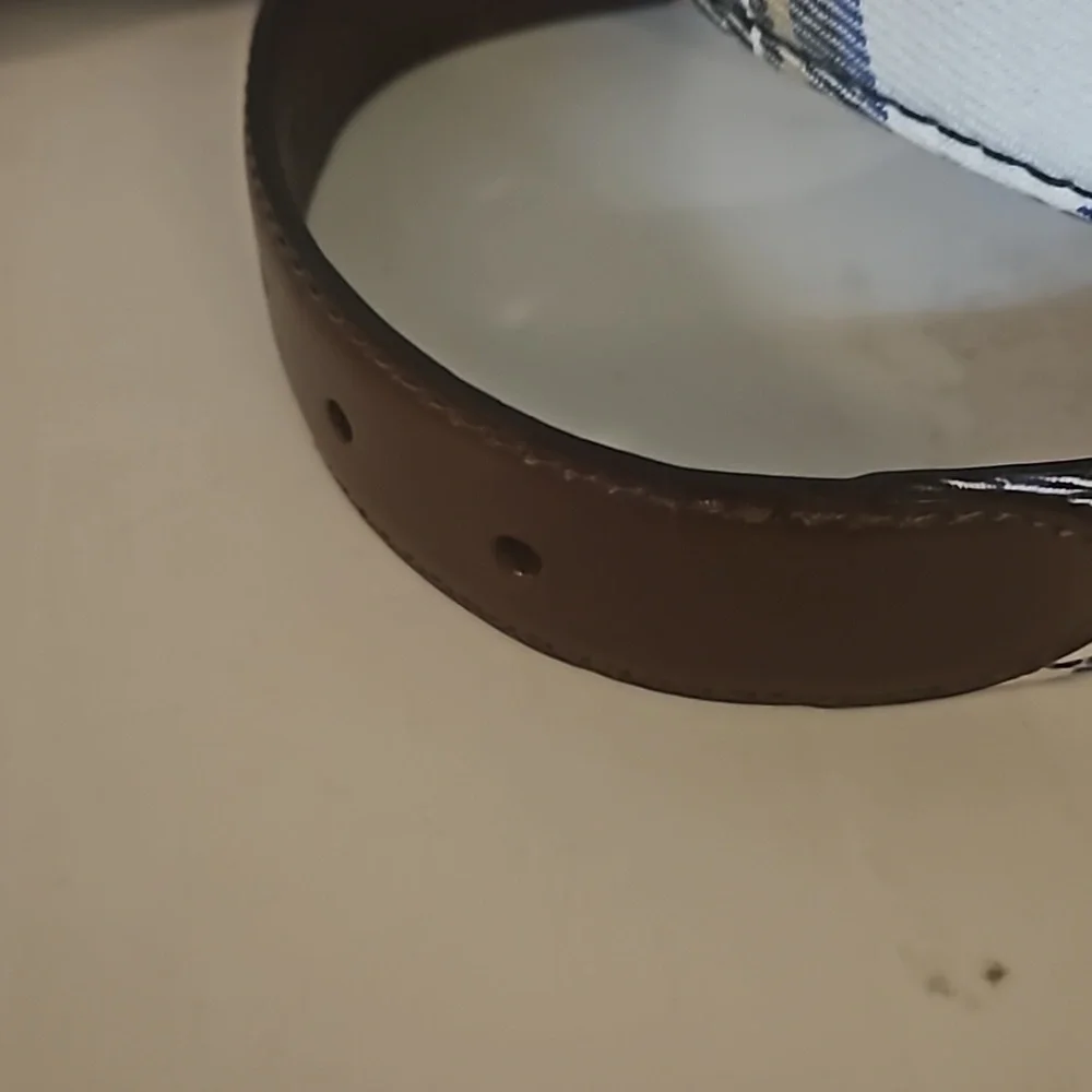 J Crew Moon Plaid Genuine Leather Belt sz 34 Brass hardware Pre-owned - Picture 3 of 10